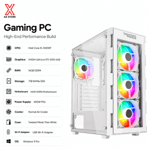 Intel Core i5-12400F – RTX 3050 6GB – 16GB DDR4 RAM – 1TB NVMe SSD – H610 DDR4 Motherboard – 650W PSU – Normal Air Cooler – Twisted Minds Titan White Case – USB Wi-Fi Adapter – Windows 11 Pro - AX Store Kuwait