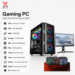 AX Store Kuwait High-Performance Gaming PC Bundle with Intel Core i5-12400F, RTX 5060 8GB, 16GB DDR4 RAM, Lenovo Legion R24E 180Hz Monitor and GameOn Cypher XL Bundle