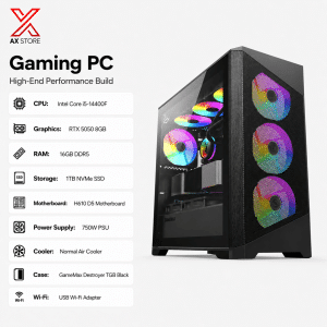 AX Store Kuwait High-Performance Gaming PC with Intel Core i5-14400F, RTX 5050 8GB, 16GB DDR5 RAM, 1TB NVMe SSD and GameMax Destroyer TGB Black Case