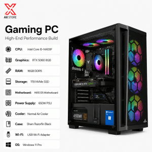 AX Store Kuwait High-Performance Gaming PC with Intel Core i5-14400F, RTX 5060 8GB, 16GB DDR5 RAM, 1TB NVMe SSD and Sharx Razorfin Black Case