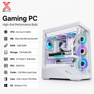 AX Store Kuwait Premium White Gaming PC with Intel Core i5-14600K, RTX 5060 Ti 16GB White, 16GB DDR5 RAM, 1TB NVMe SSD and LIAN LI Vector V100 White Case