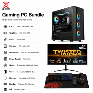 AX Store Kuwait High-Performance Gaming PC Bundle with Intel Core Ultra 5 225F, RTX 5060 8GB, 16GB DDR5 RAM, Thermaltake L360 Liquid Cooler, Twisted Minds 32-inch 180Hz Monitor and Redragon 4-in-1 Bundle