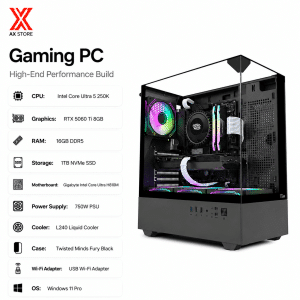 AX Store Kuwait High-Performance Gaming PC with Intel Core Ultra 5 250K, RTX 5060 Ti 8GB, 16GB DDR5 RAM, 1TB NVMe SSD and Twisted Minds Fury Black Case