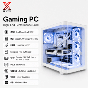 AX Store Kuwait Extreme White Gaming PC with Intel Core Ultra 9 285K, Sapphire PURE AMD Radeon RX 9070 XT 16GB, 32GB DDR5 6000 RAM and Tortox Curvo White Case