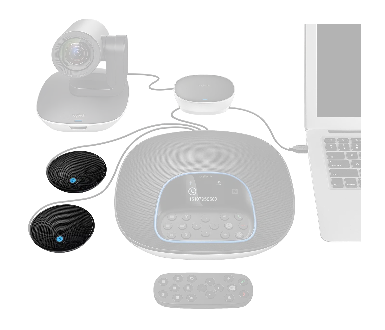 Logitech GROUP conference system with optional expansion microphones; GROUP system sold separately