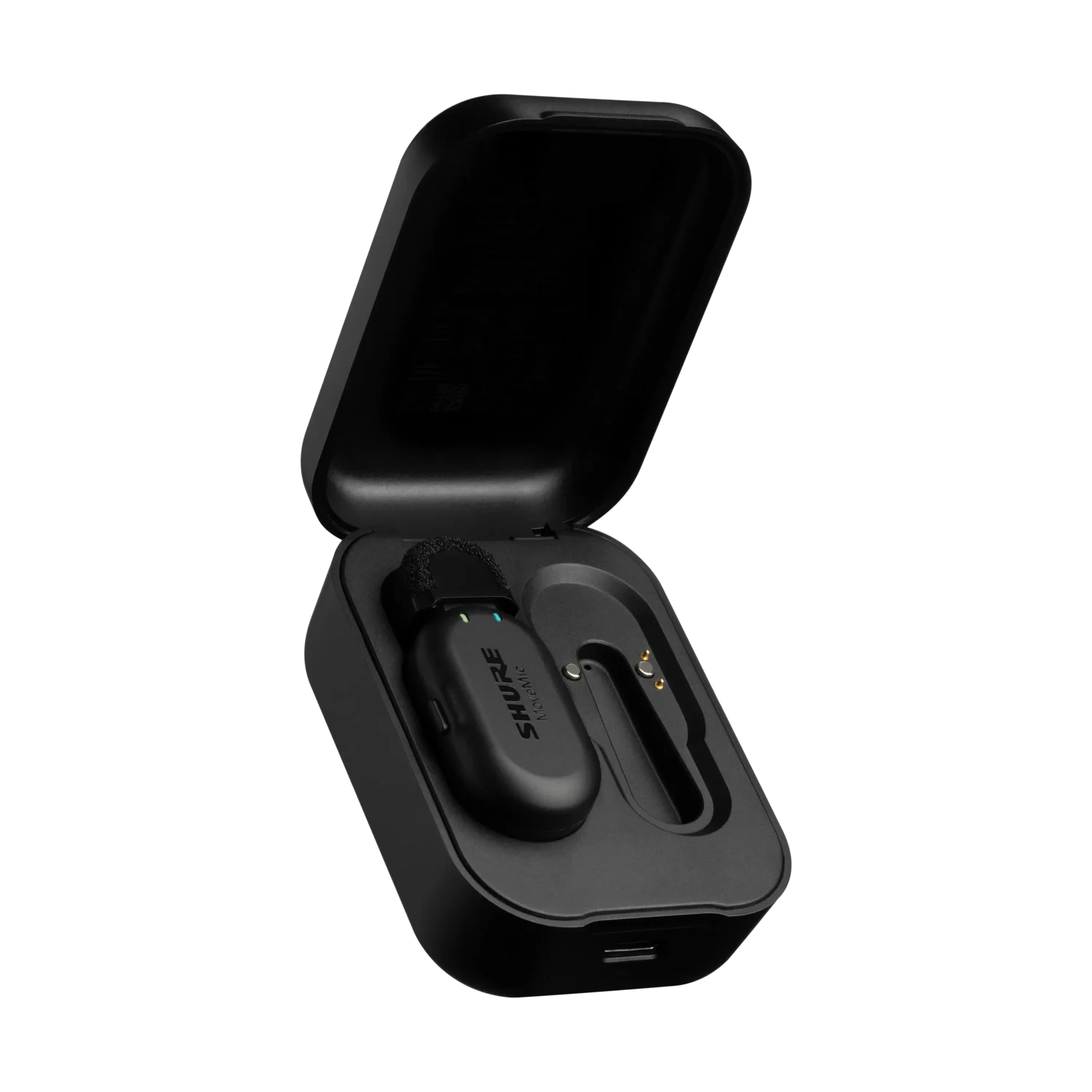 Shure MoveMic One microphone in its open charging case