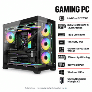 Illustrative Intel Core i7-12700F gaming PC with RTX 4070 Ti 12GB in a black GAMEON Emperor Midnight VX case; not an actual product photo
