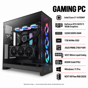 Illustrative Intel Core i7-14700KF gaming PC with RTX 5070 Ti 16GB in a black NZXT H9 Flow RGB (2025) case; not an actual product photo