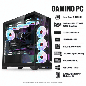 Illustrative Intel Core i9-12900K gaming PC with RTX 4070 Ti 12GB in a black GAMEON Emperor Midnight IV case; not an actual product photo