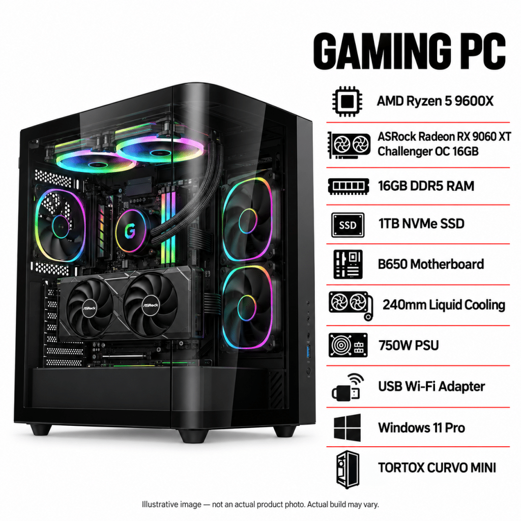 RX 9060 XT 16GB Gaming PC – Ryzen 5 9600X – Curvo Mini Black