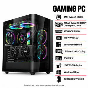 Illustrative AMD Ryzen 5 9600X gaming PC with RX 9060 XT 16GB in a black TORTOX CURVO MINI case; not an actual product photo