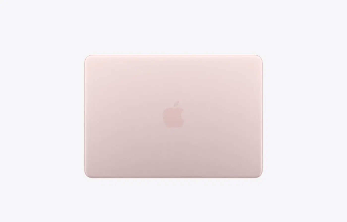 13-inch MacBook Neo, top exterior, blush (light pink color), rounded corners, centered glossy dark pink Apple logo