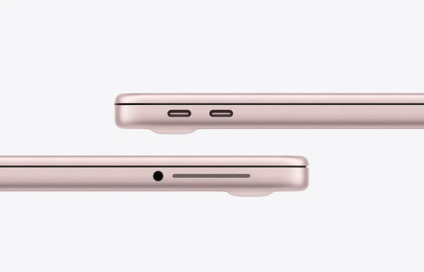 13-inch MacBook Neo, blush (light pink color) enclosure, lid closed, left side exterior, thin profile, 3.5mm headphone jack, speaker, two USB-C ports