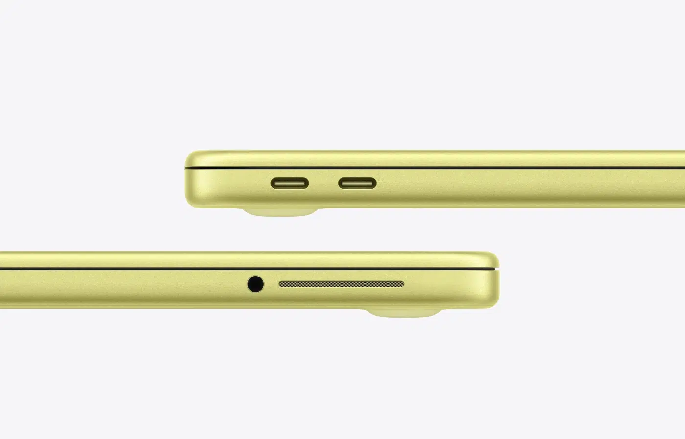13-inch MacBook Neo, citrus (bright yellow color) enclosure, lid closed, left side exterior, thin profile, 3.5mm headphone jack, speaker, two USB-C ports