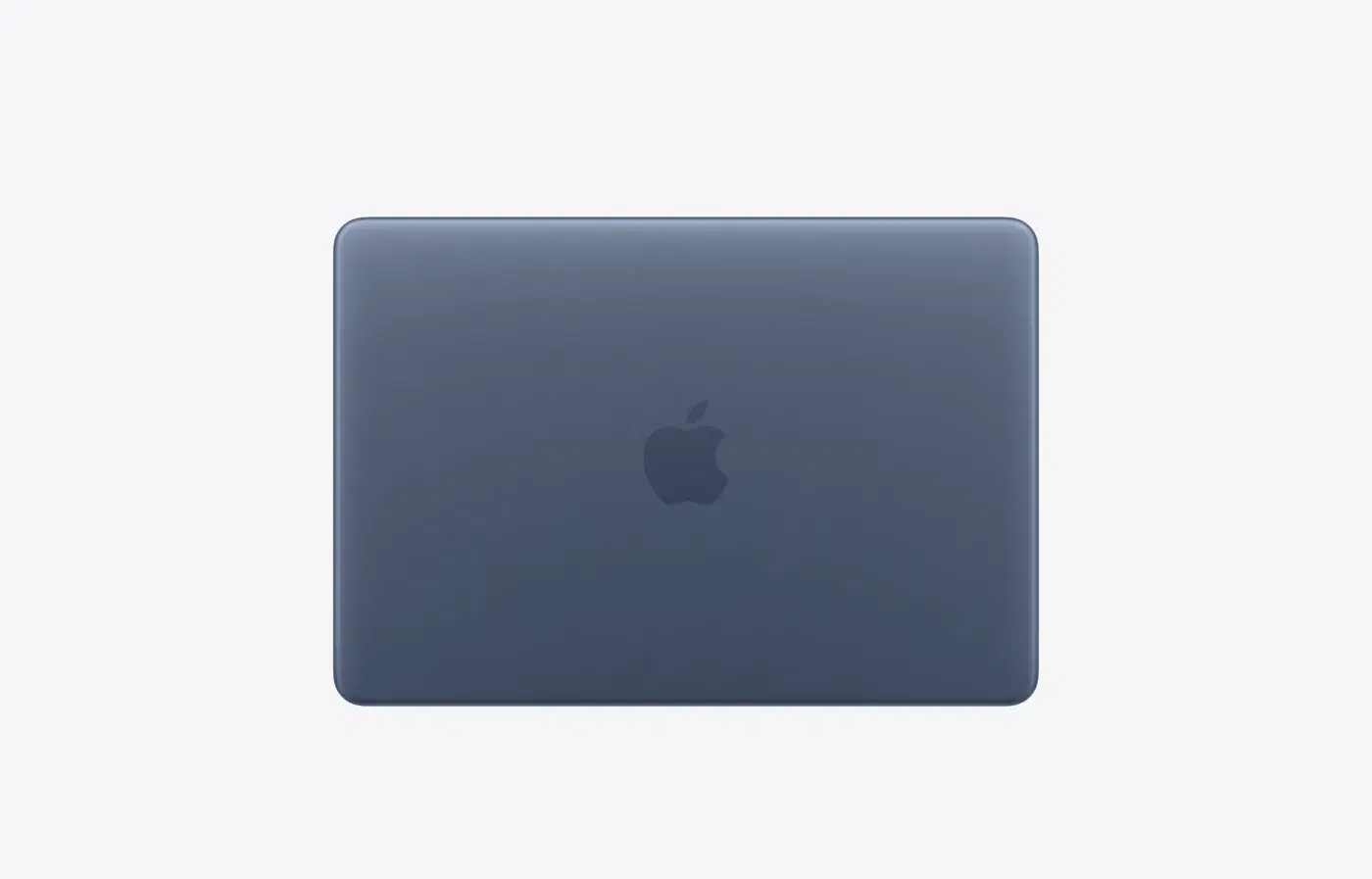 13-inch MacBook Neo, top exterior, indigo (dark blue color), rounded corners, centered glossy dark blue Apple logo