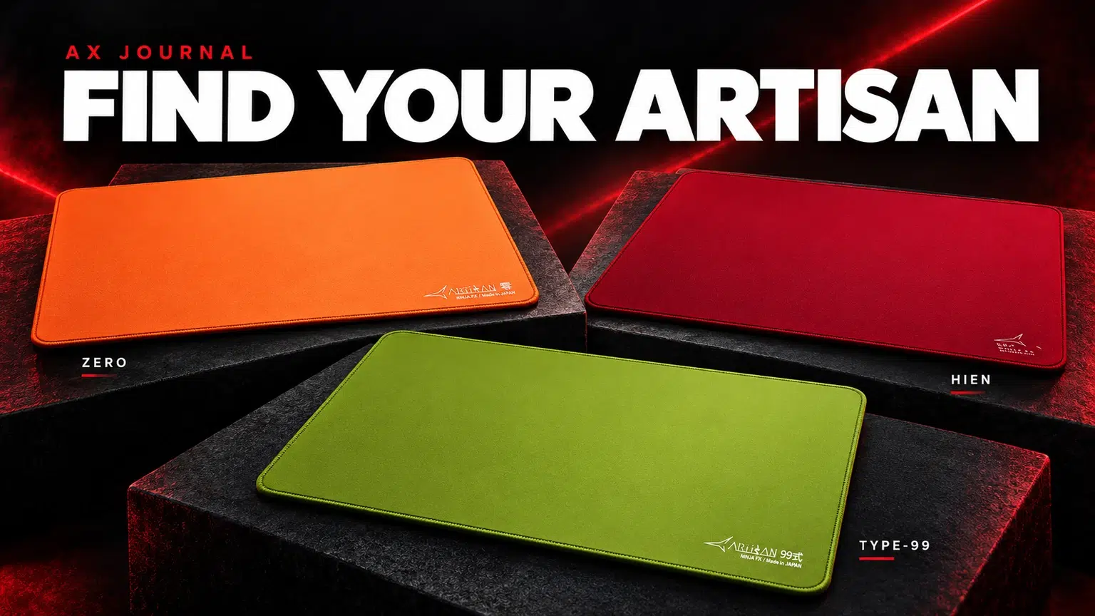 ARTISAN Zero, Hien and Type-99 mousepads in orange, wine red and green.