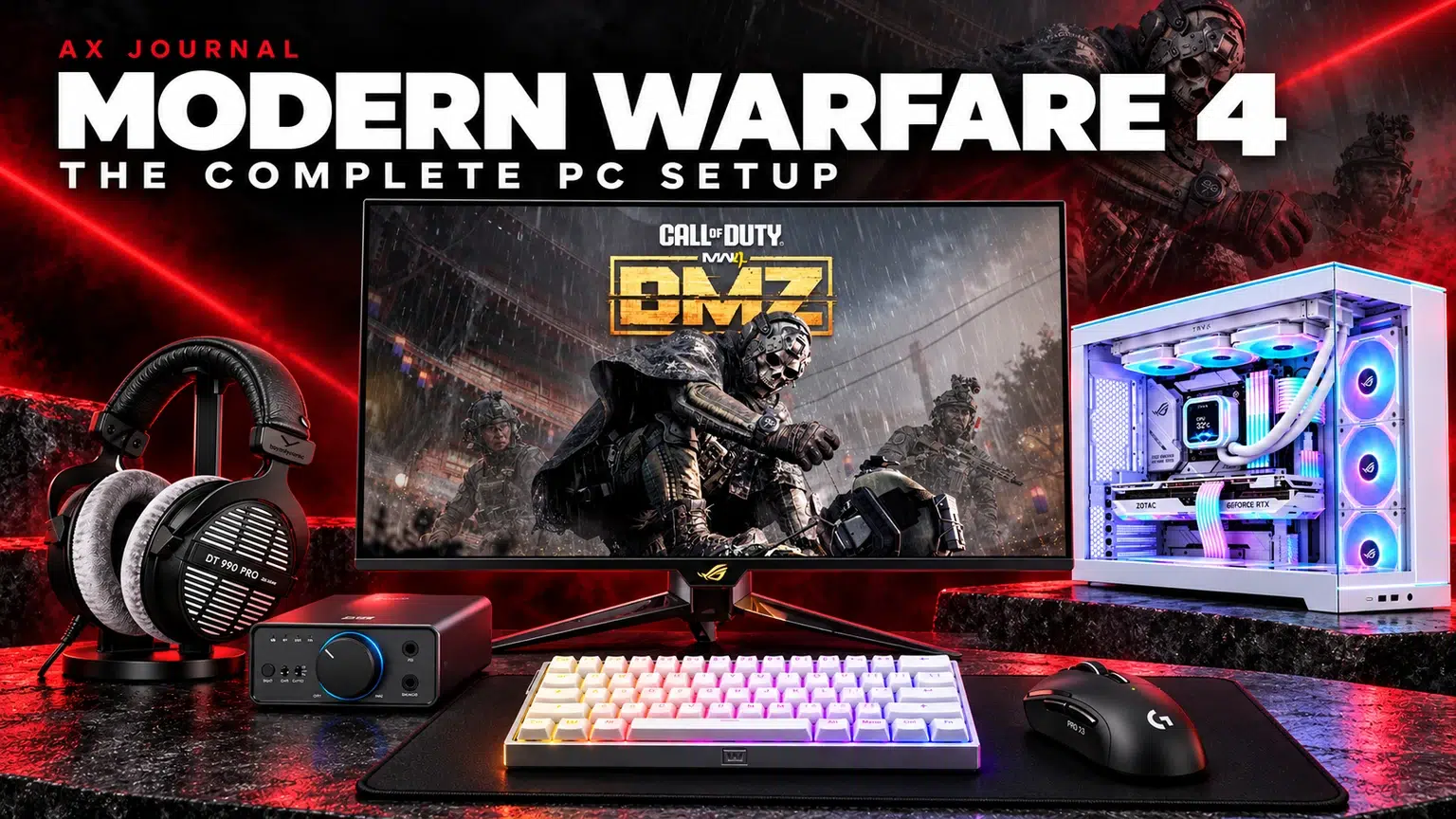 Modern Warfare 4 artwork on an ASUS ROG OLED monitor with AX gaming PC, Wooting keyboard, SUPERSTRIKE X3, DT 990 PRO and FiiO K7