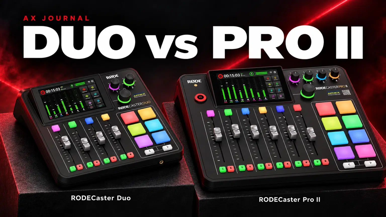 RODECaster Duo and RODECaster Pro II podcast mixers compared.
