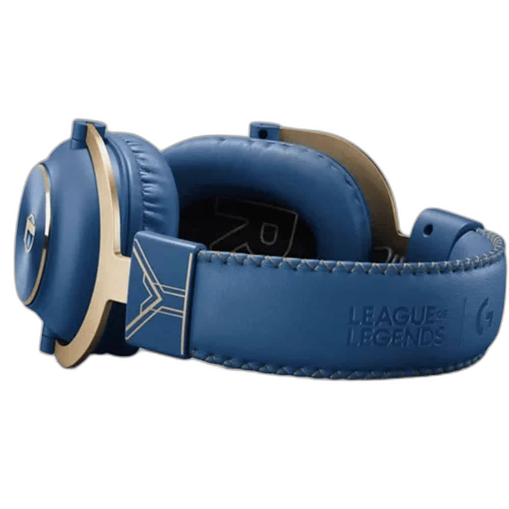 Logitech PRO X League of Legends headset showing navy padded headband and gold earcup trim