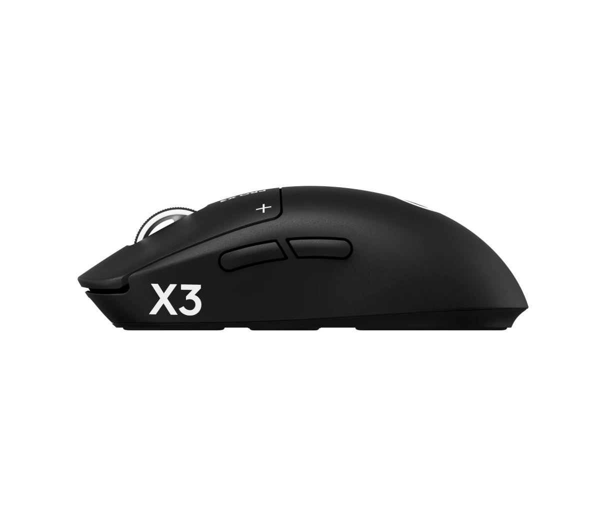 Left side profile of the Logitech G PRO X3 SUPERSTRIKE Midnight Black showing its side buttons