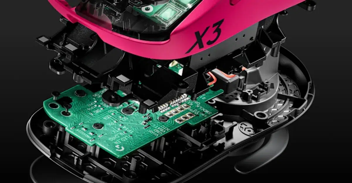 Exploded illustration of the Logitech G PRO X3 SUPERSTRIKE internal components and NxLOGI platform