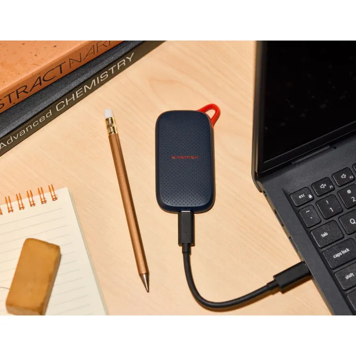 SanDisk Portable SSD V3 connected to a laptop via USB-C