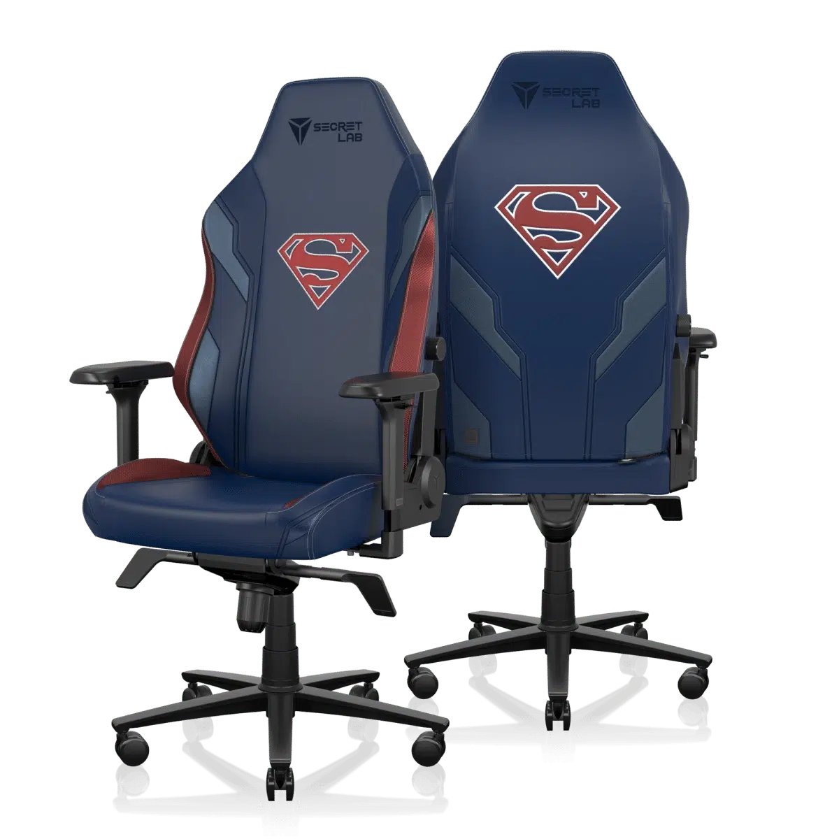 Secretlab TITAN Evo Regular Superman Blue/Red — front and rear views of one chair