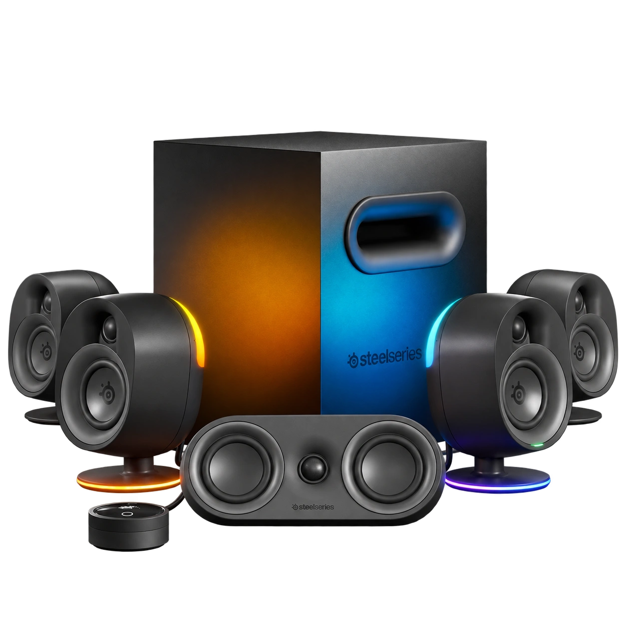 SteelSeries Arena 9 black gaming speaker system with subwoofer and control pod